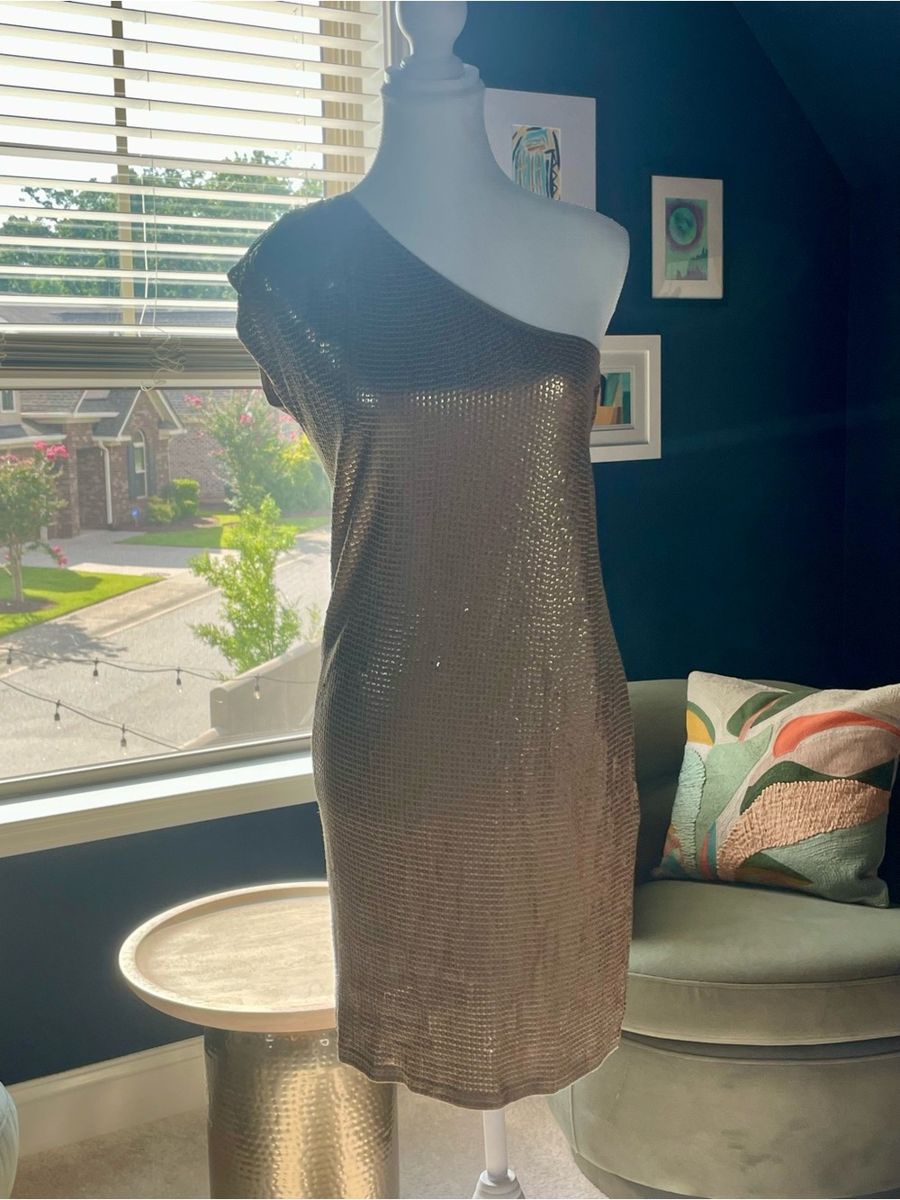 NWT MICHAEL Michael Kors One-Shoulder Gold Sequin Dress (size small)